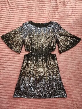French Connection Black & Gold Sequin Mini Dress